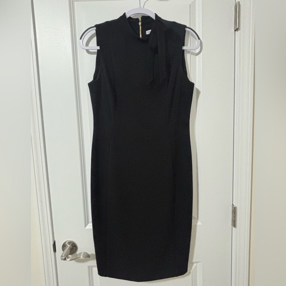 Calvin Klein Black Sleeveless Midi Sheath with Neck Tie Accent